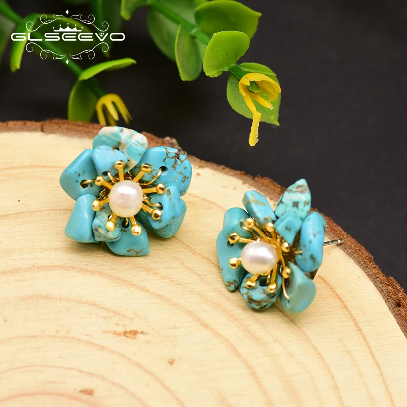 

GLSEEVO Natural Citrine Pearl Stud Earrings For Women Birthday Day Gift 925 Sterling Silver Flower Earrings Fine Jewelry GE0780B