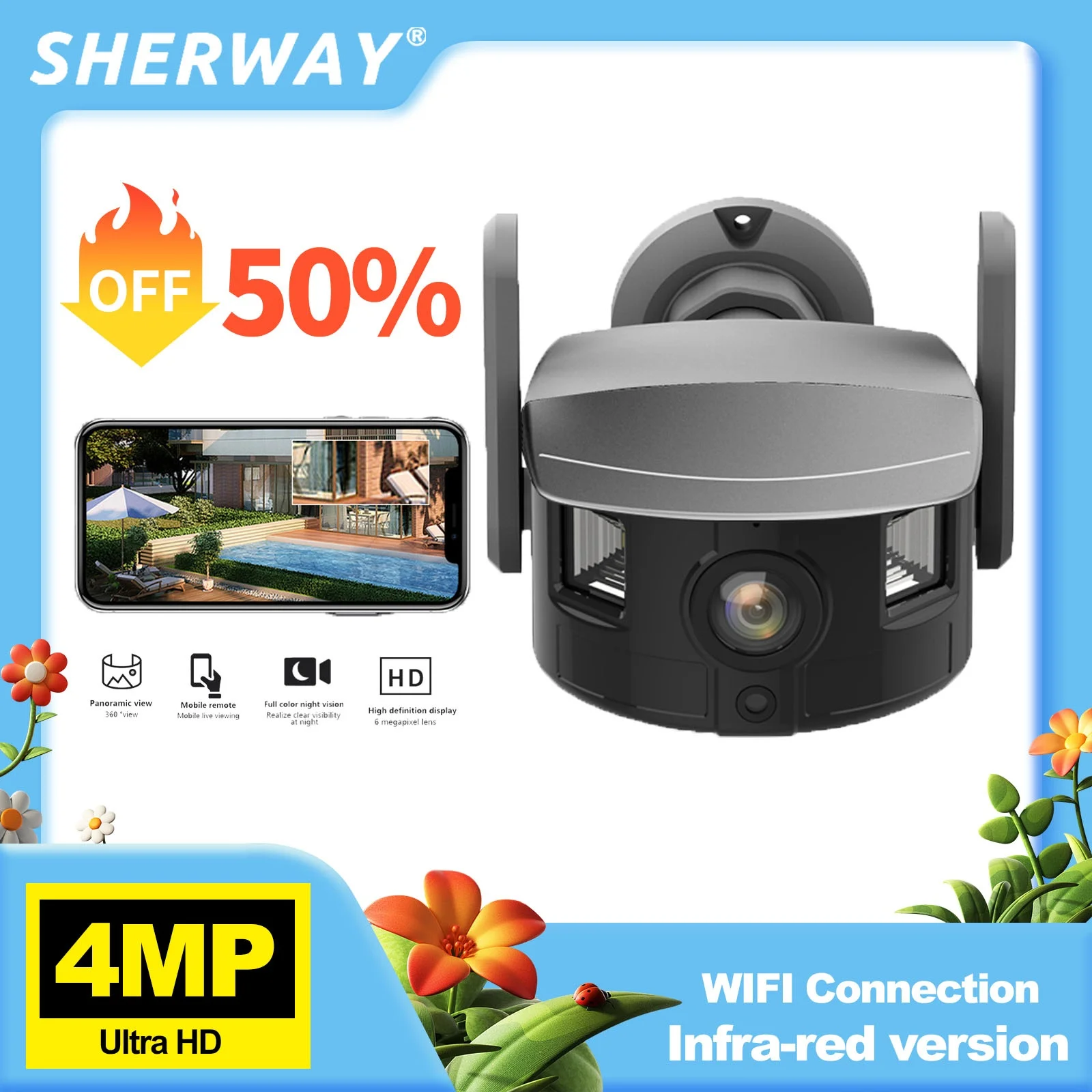 

SHERWAY I311M 5MP Outdoor Electronic PTZ Camera 180° Wide Angle Dual Screen F2.0 2.1MM Lens WIFI Camera Support TF Card Max 128G