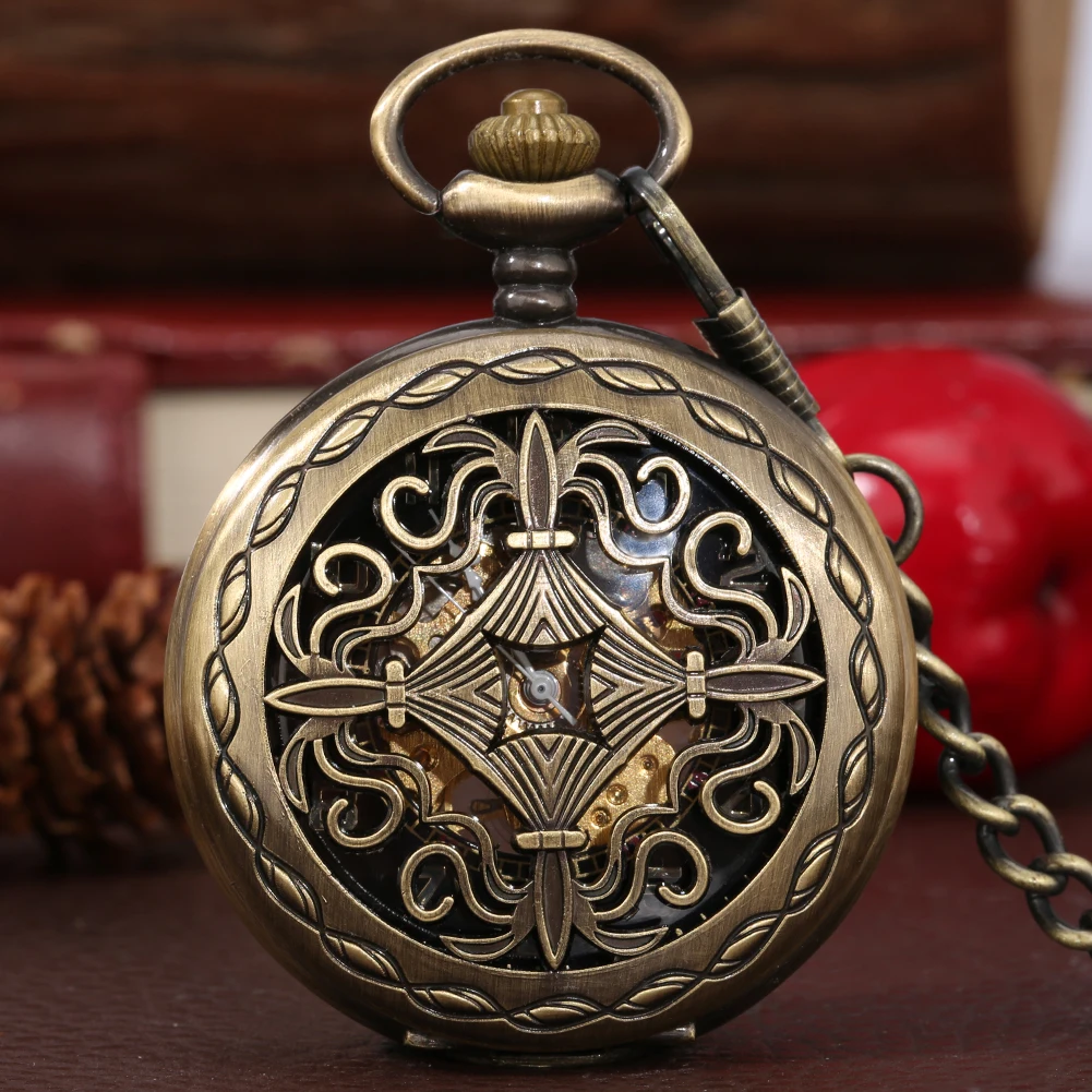 Vintage Bronze Hollow Chinese Knot  Hand Winding Mechanical Pocket Watch Arabic Numerals Dial Luxury Manual Timepiece Fob Chain