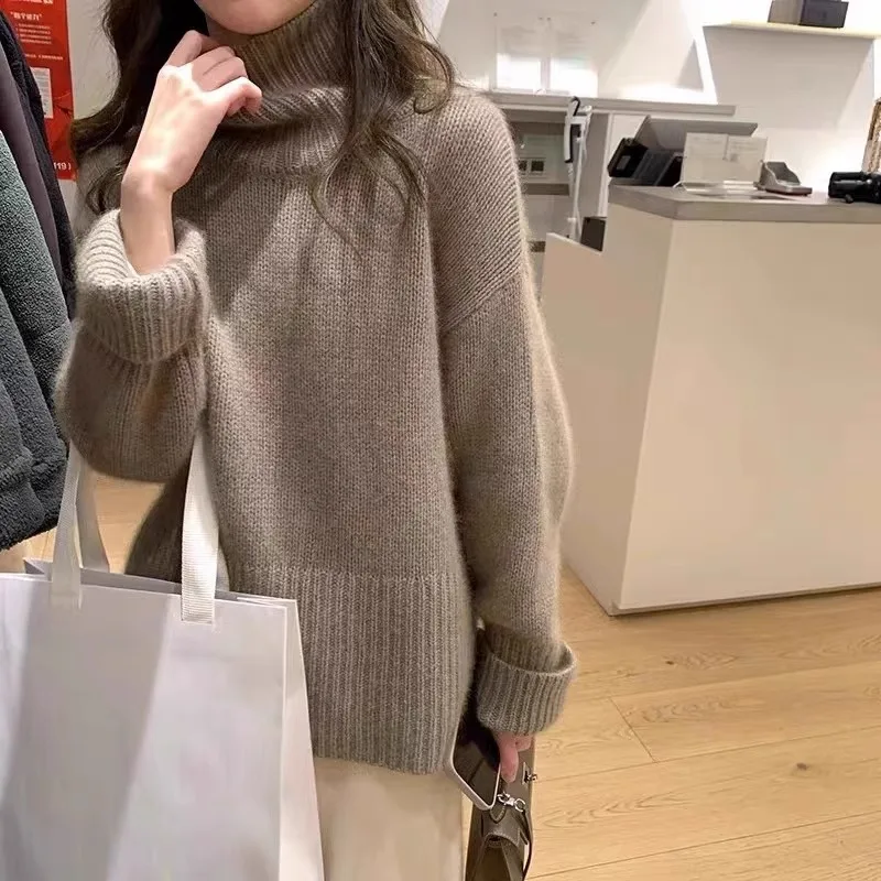 Женский свитер из 100% чистого кашемира с высоким воротником свободный и ленивый