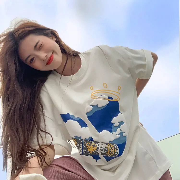 Летний новый костюм для женщин Студенческая Корейская версия свободная футболка