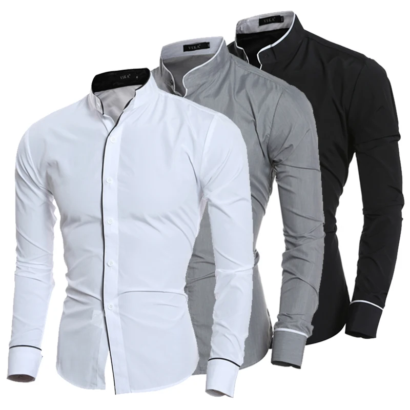 Men's Long Sleeved Casual Shirt Classic Solid Men Business Button-down Shirt Fashion Stand Collar Shirt