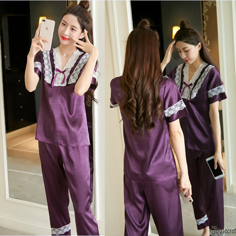 New Lace Edge Ice Silk Pajama Femme Sleepwear Women Satin Pyjama Solid Sexy Nuisette Ensemble V-neck 2 Pièces Pijamas Mujer PJS