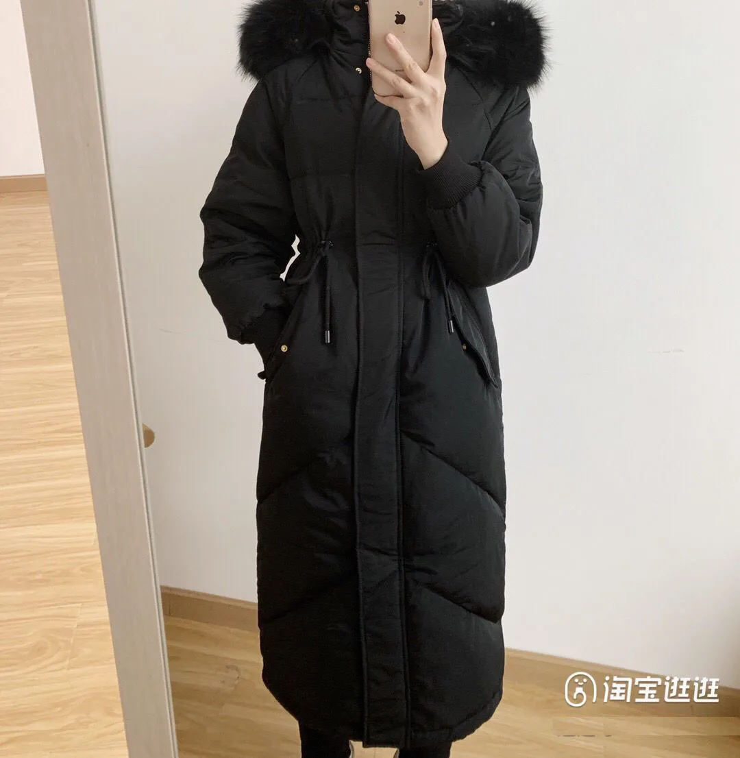 2023 Luxury Large Fox Fur Hoodie Down Coat for Women Windbreaker Maxi Long Parkas Female Thick Warm Cloth Jacket Black Pink