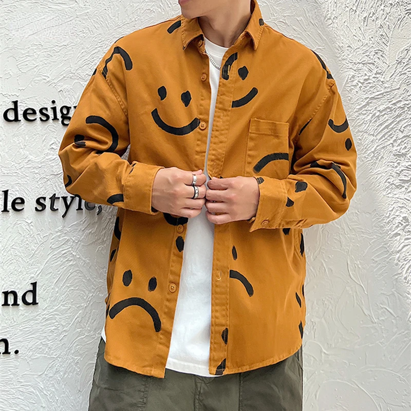 

Spring Autumn Streetwear Smiley Prints Cotton Shirts Men Clothing Trendy Loose Casual Long Sleeves Harajuku Thin Tops Male