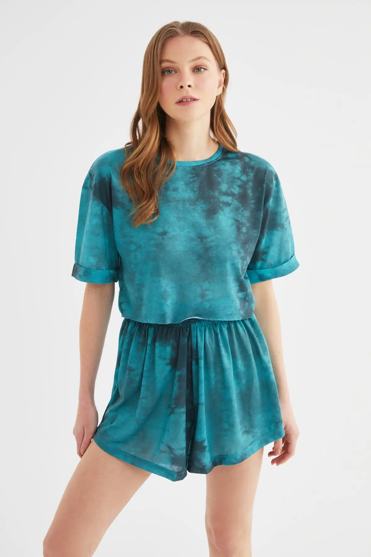 

Turquoise Batik Patterned Crop Size Knit Bottom-Top Suit TWOSS21AU0257