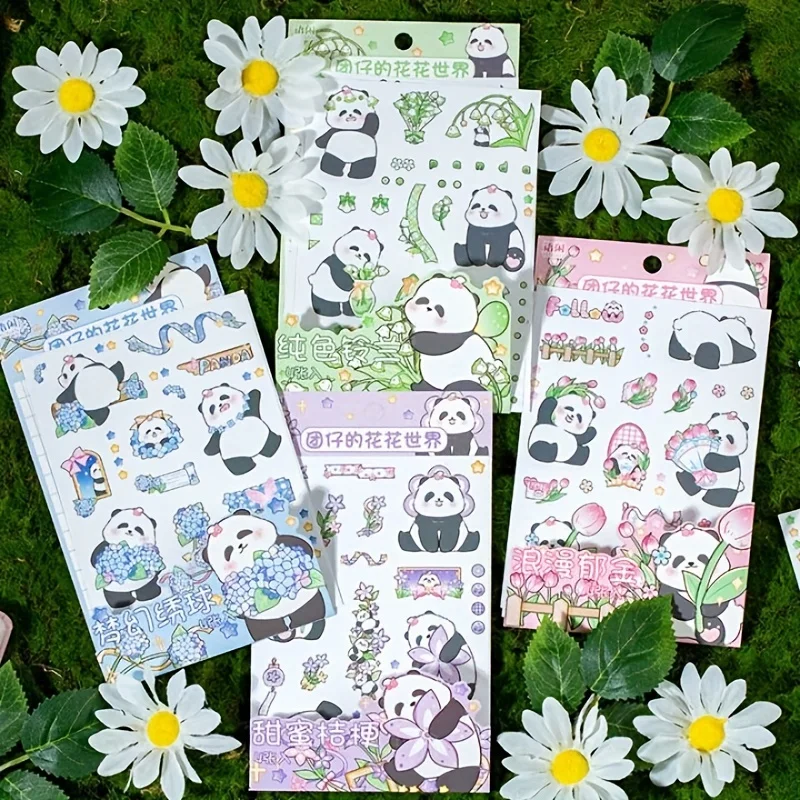 

MOHAMM 4 Sheets Cute Cartoon Panda Flower Stickers Paper Stickers Decorative Stickers for Collage Scrapbooking DIY Journaling