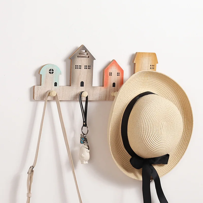 

Wooden Vintage Hangers Hook Wall Hook Colorful House Style Cloth Coat Bag Hat Hanging Hooks Bathroom Kitchen Racks