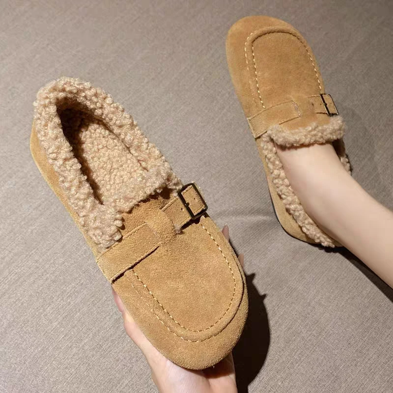 Лоферы женские на меху повседневные туфли плоской подошве кроссовки с круглым