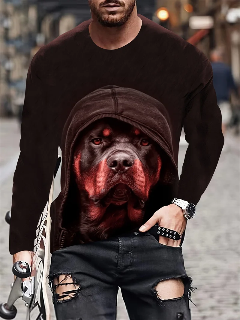 Футболка мужская с 3D-графикой крутой собаки модная тенниска длинным рукавом и