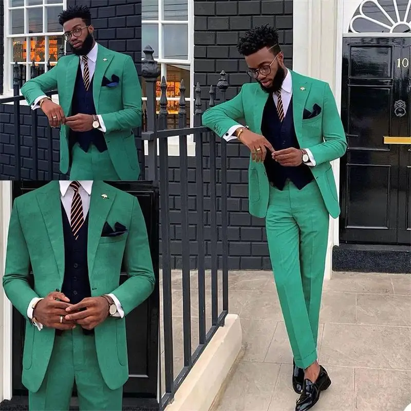2 Pieces Green Men Suits Cotton Groom Tuxedos Lapel Modern Formal Men Coat+Pant Custom Made Party Suit Cheap