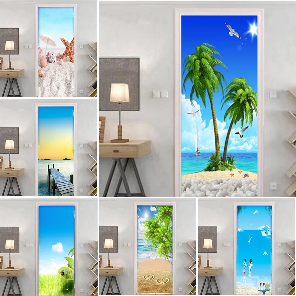

Sea View Beach Door Stickers Home Decoration Wallpaper Bedroom Living Room Door Renovation Wallpaper Waterproof Self-adhesive