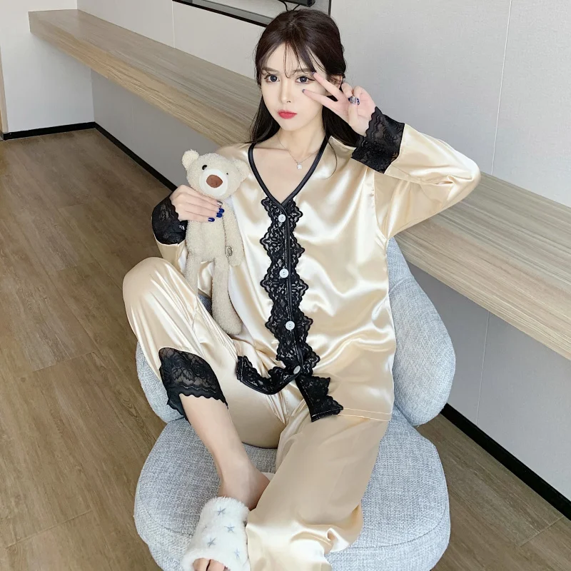 The new spring pajamas women cardigan v-neck long-sleeve trousers two-piece red live household to take princess grace