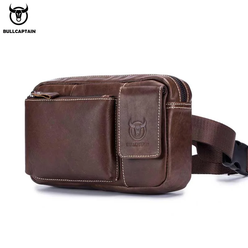 BULLCAPTAIN Men Genuine Leather Horizontal Fanny pack High capacity  Multifunction Card can be inserted Waist shoulder bag