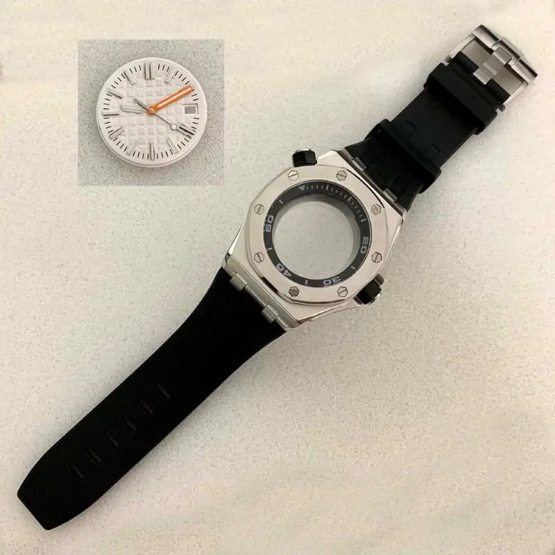 42mm NH35 Case Silver Watch Case With Rubber Strap Luminous Watch Dial Hands Fits NH35 NH36 Movement Sapphire Glass Diving Case