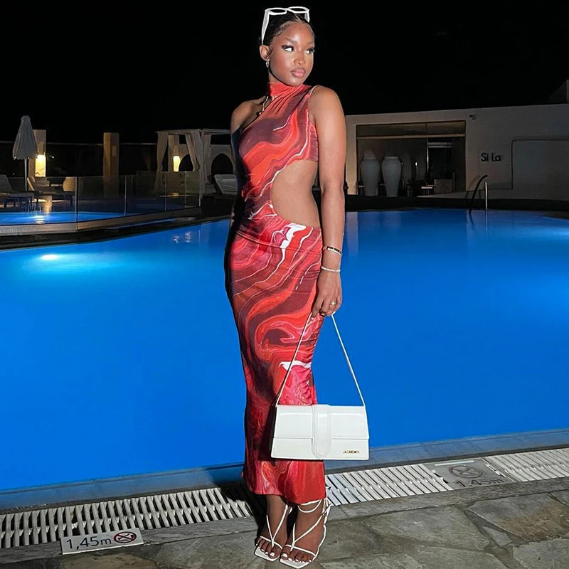 

Swimsuit For Women Beach Cover Up Dress Summer Swim Wear New 2022 Print Hollow Out Sleeveless Slim One Geometric Spandex Tunic