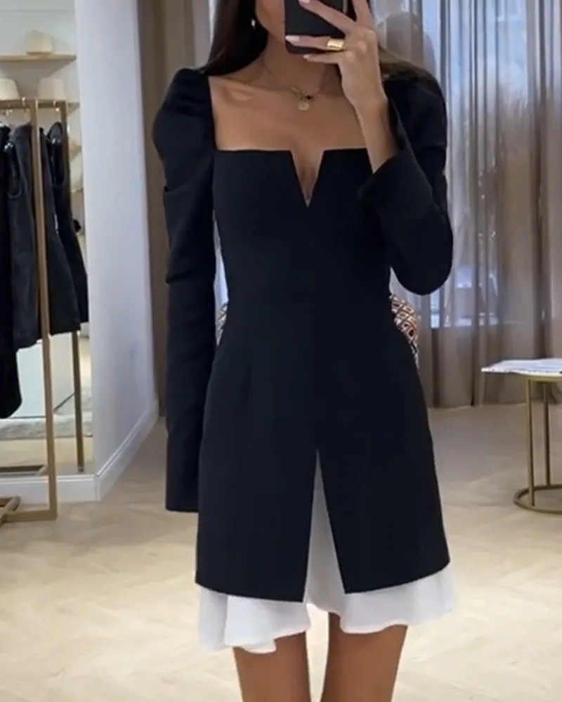 

New Style Sexy Deep V Puff Sleeve Split Black Slim Ruffle Waist Patchwork Mini A-line Dress