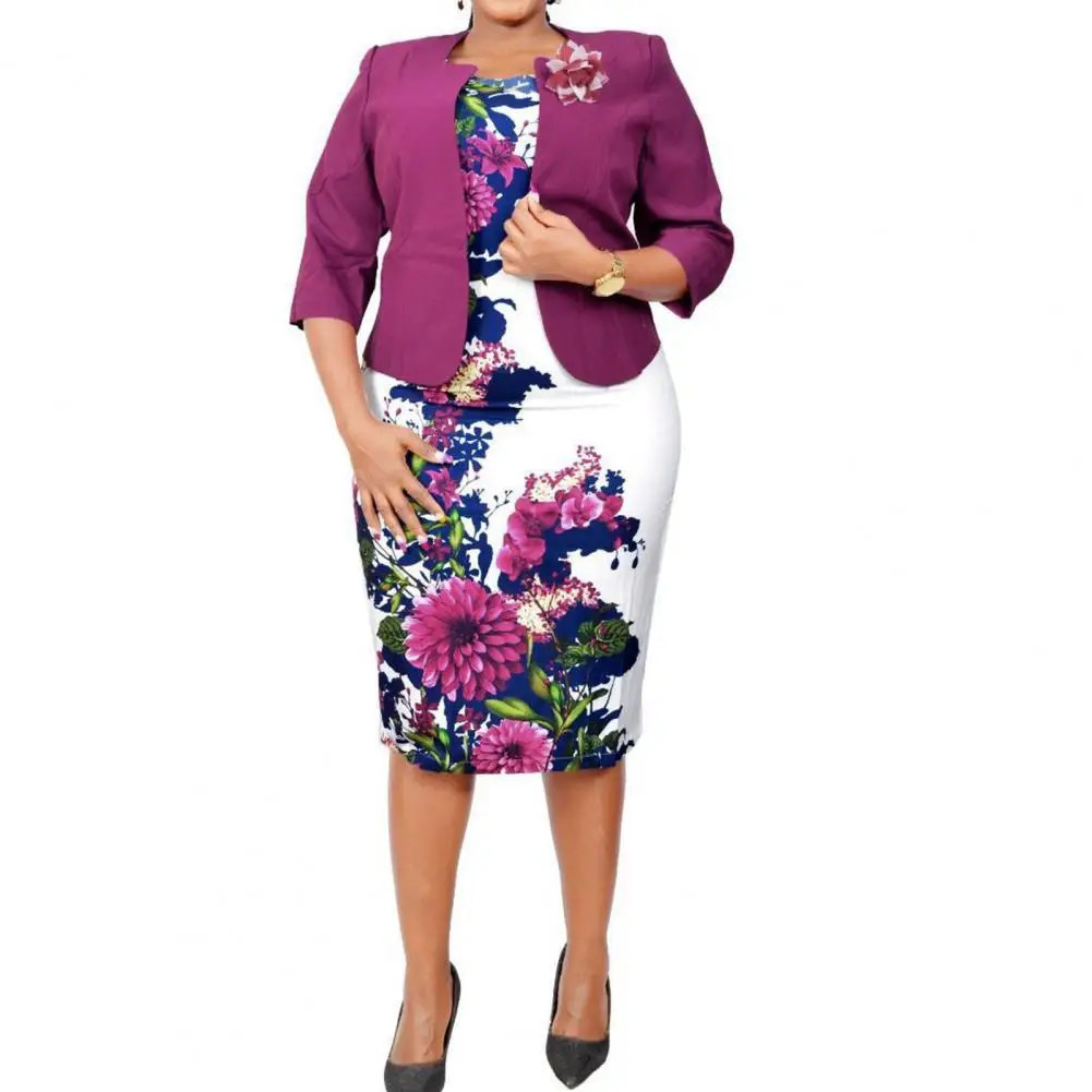 

O-neck Elegant Dress Set Coat Two Piece Set Women Solid Color Blazer Floral Print Bodycon Dresses for Women 2022 Party