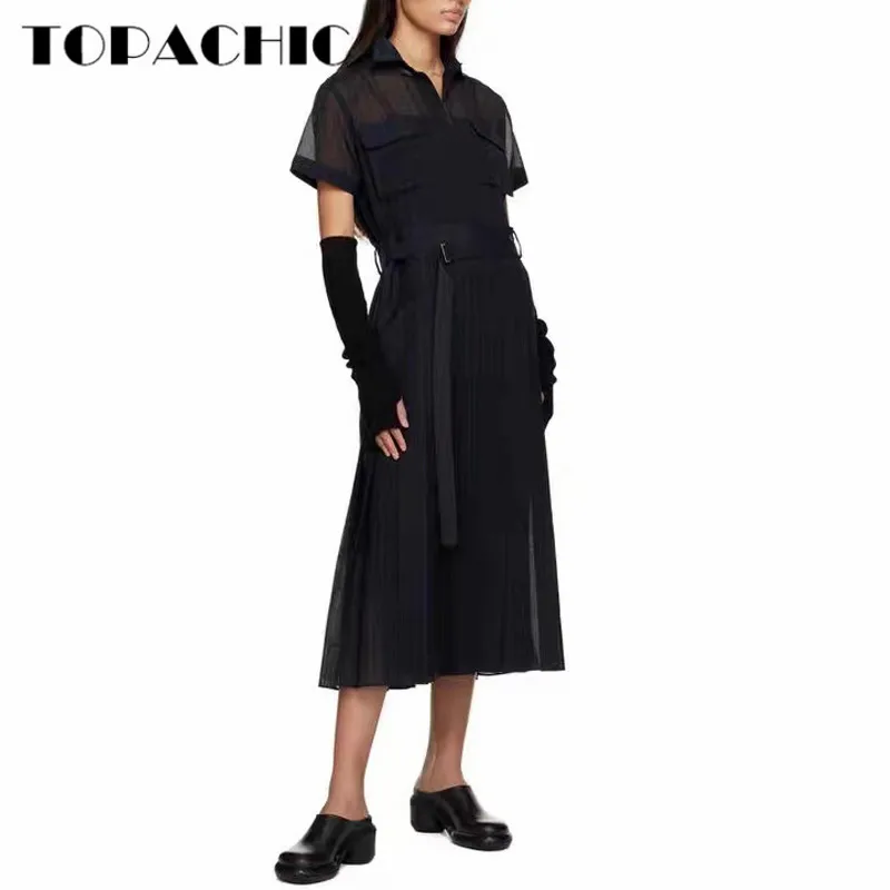 

6.22 High Quality Vintage Striped Print Belt Cargo Pocket Spliced Hem Pleated Midi Dress + Suspender Lining Women