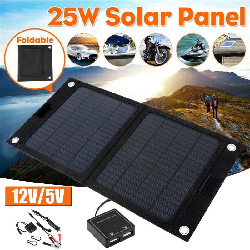 

Outdoor Portable 12V 25W Folding Solar Cells Charger Foldable Solar Panel Charger Mobile Power Bank for Phone Battery USB Port