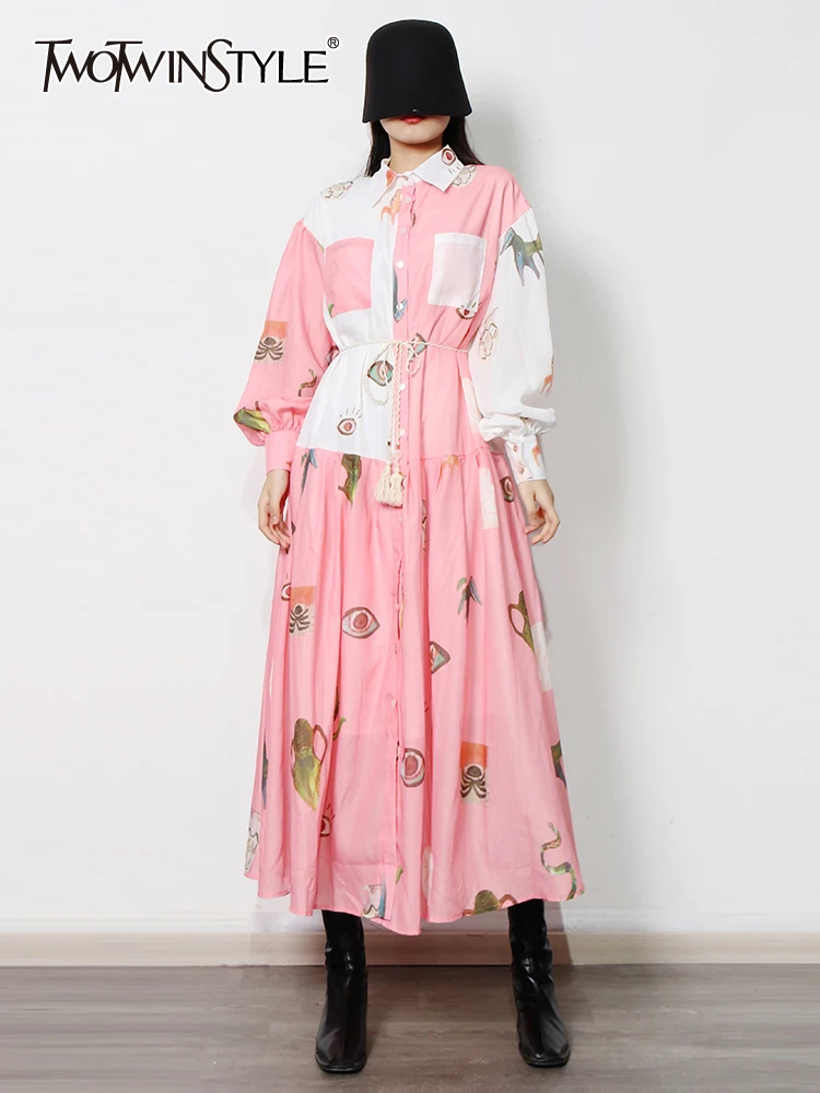 

TWOTWINSTYLE Korean Fashion Dress For Women Lapel Long Sleeve High Waist Print Colorblock Midi Dresses Female Clothing Style New