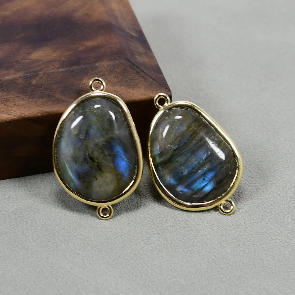 APDGG 5 Pcs Natural Labradorite Smooth Double Bail 24K Gold Plated Bezel Sets Connector Pearl Necklace Pendant Jewelry DIY
