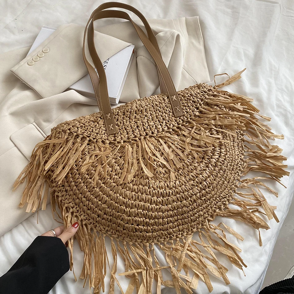 

Summer Women's Vacation Beach Totes Bag Vintage Weave Straw Shoulder Bags 2022 Large Capacity Handmade Ladies Straw Shopper Bag