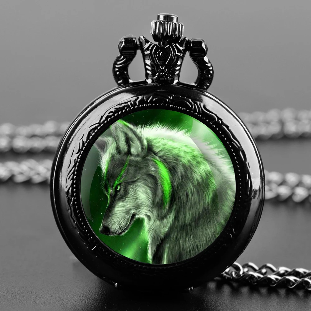 Fajny tajemniczy wzór zielonego wilka Vintage kwarcowy zegarek kieszonkowy mężczyźni kobiety naszyjnik łańcuszek zegar biżuteria dla dzieci