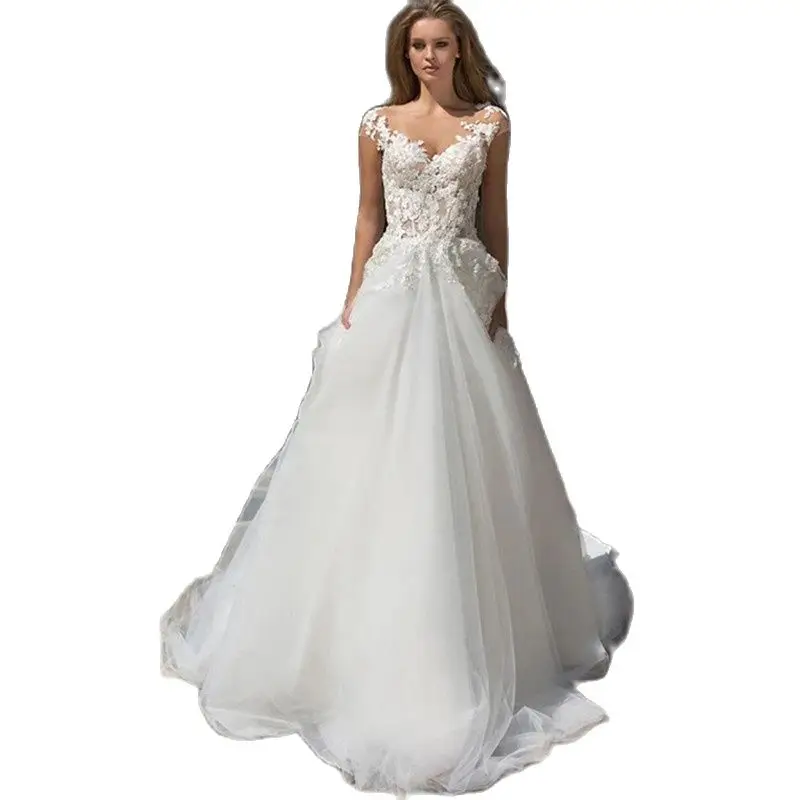 

Miss Veil V-Neck Wedding Dress Sleeveless Lace Appliques Modern Backless Bridal Gown Tulle Illusion Sweep Train Vestido De Novia