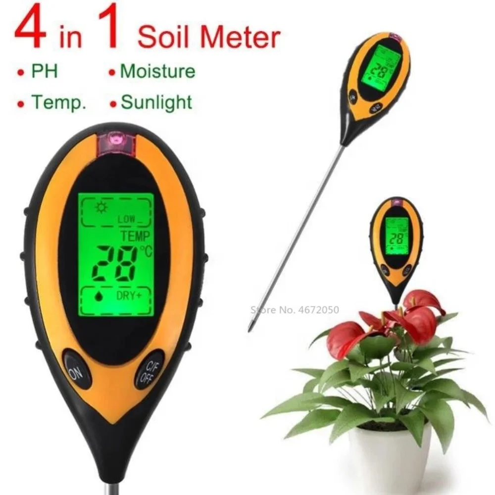 

Flower Digital Soil PH Meter 4 IN 1 PH Moisture Monitor/Temperature/Sunlight Tester for Gardening Plants Farming With Blacklight