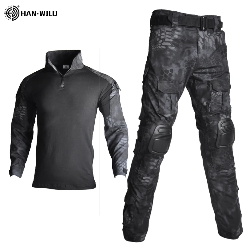 

HAN WILD Combat Uniform with Pads Military Multicam Shirt Men Tactical Camo Pants Tops Airsoft Hiking Clothes Safari Army Suits