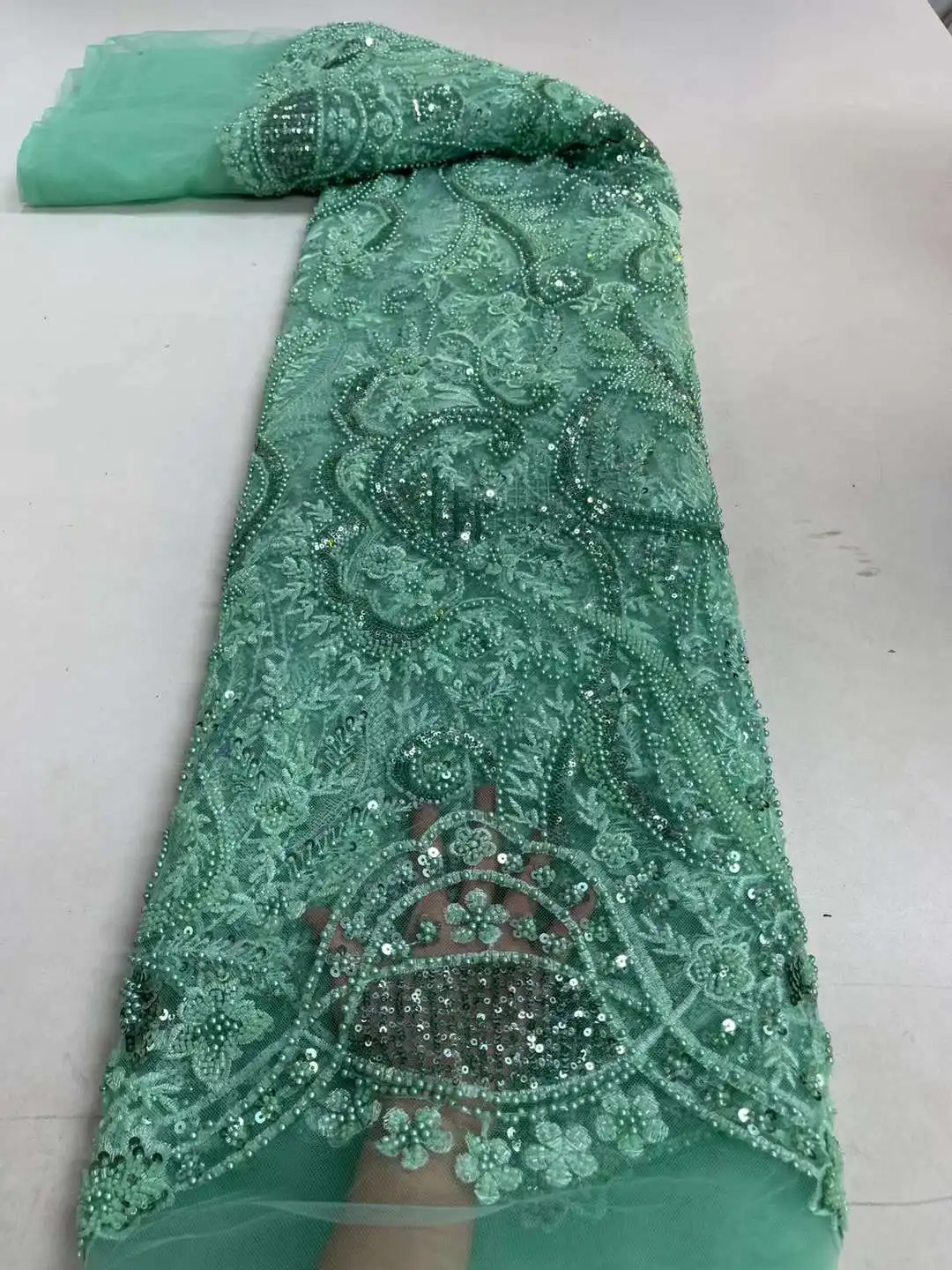 

African Lace Fabric 2022 High Quality Handmade Beaded Lace Nigerian Sequins Tulle Lace Fabrics Sewing French Lace Fabric