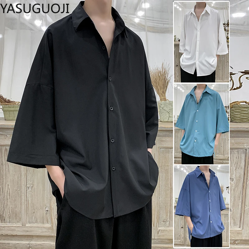

YASUGUOJI New 2022 Summer Men's New Pattern Short Sleeve Cool Shirt French Cuff Brand Clothing Fashion Loose Solid Color Shirts