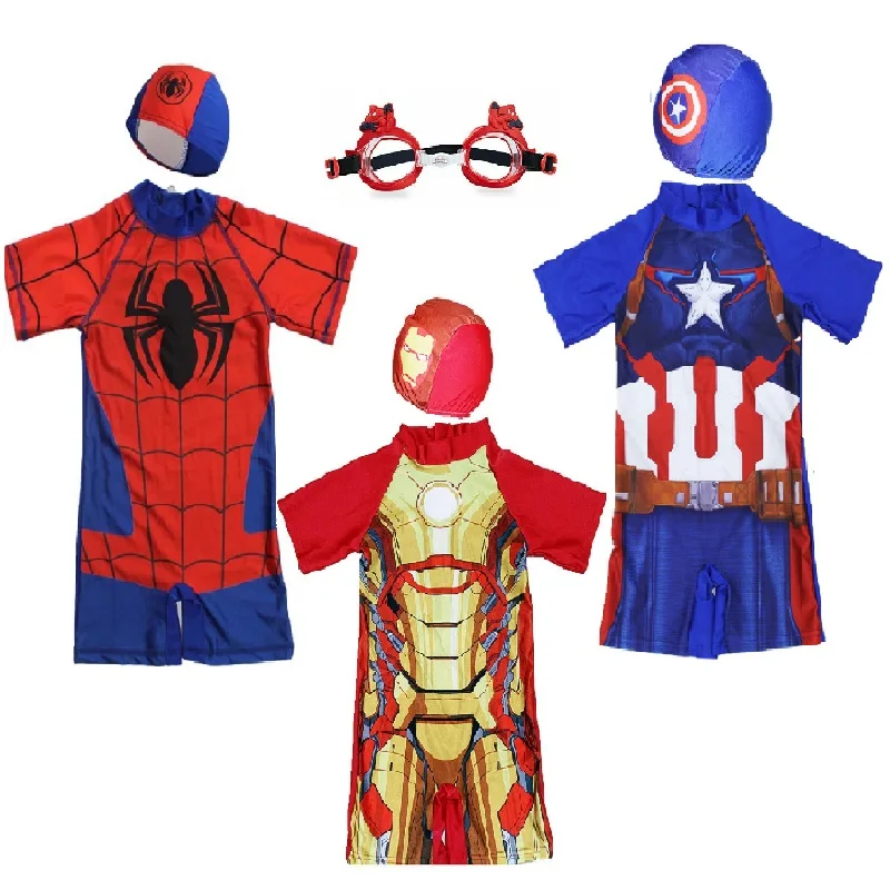 

2022 Summer Kids Boys Girls Anime Spiderman Costume Swimsuit Swimwear Goggles Captain America Steel Print Swimsuit