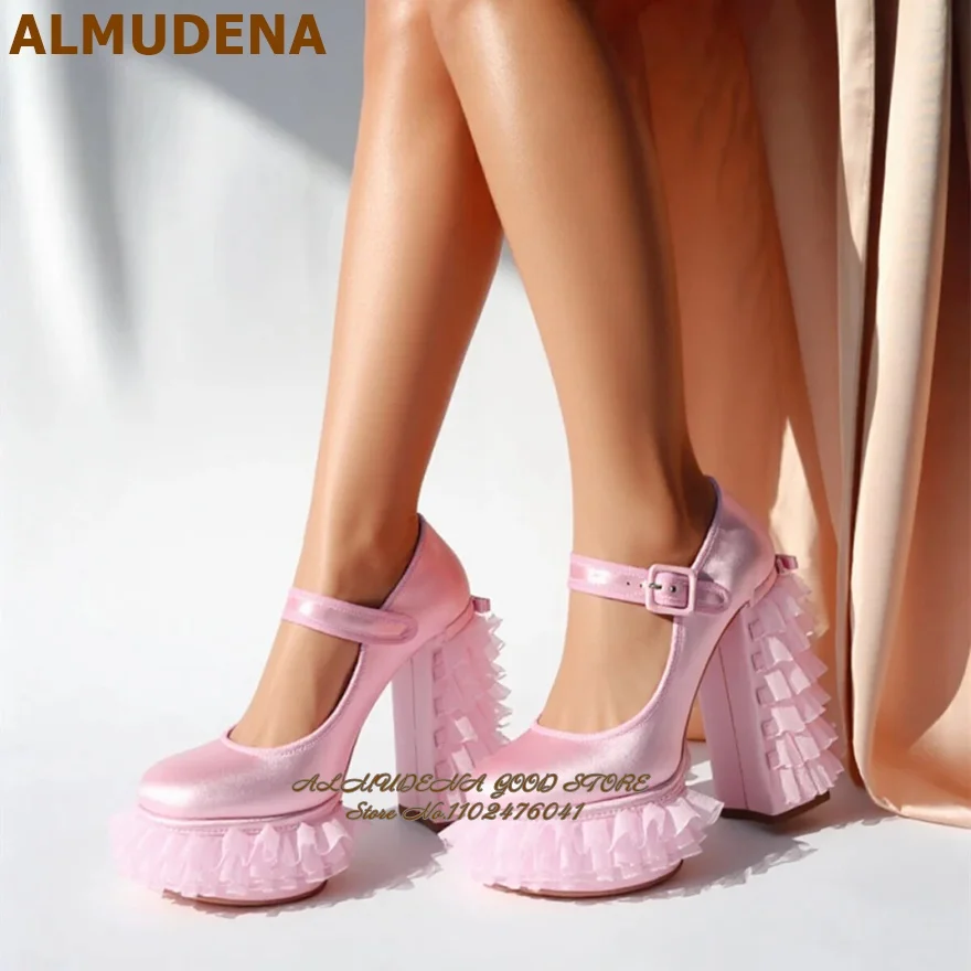 Фото Туфли-мэри-джейн ALMUDENA из розового атласа на платформе с кружевной сеткой, на массивном каблуке с рюшами, свадебные туфли, элегантные туфли для вечеринок с бантом-бабочкой №1