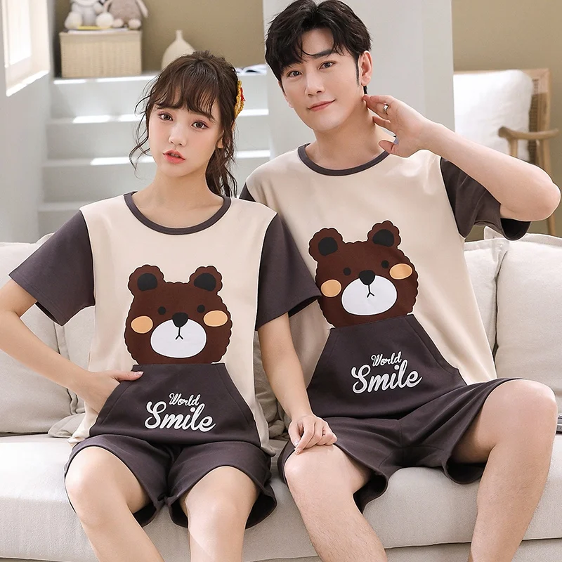 

Plus Size Couple Short Sleeve Cotton Pajama Sets For Women 2022 Summer Korean Cute Cartoon Sleepwear Pyjama Homewear Men Clothes
