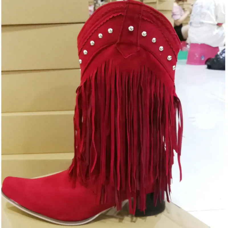 Women Tassel Cowgirl Boots Shoes 2022 New Fringe Middle Heels Western Boots Fashion Slip-on Wedge Pointed Toe Boots Female