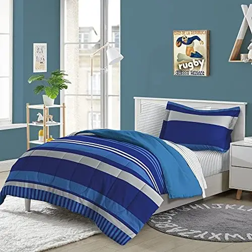

5-Piece Complete Bed Set Easy-Wash Super Soft Microfiber Comforter Bedding, Twin, Rugby Stripe, (2D872701BL)