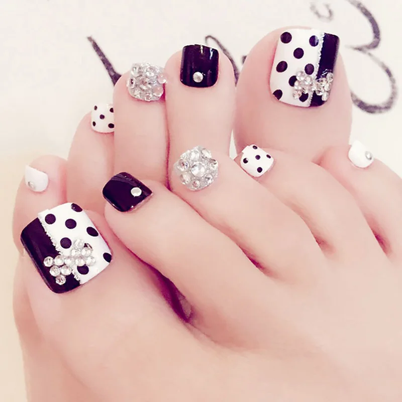 

24pcs Black Wave Point Design Nail Patch Fake Nails Wearable Toenail Art Tips