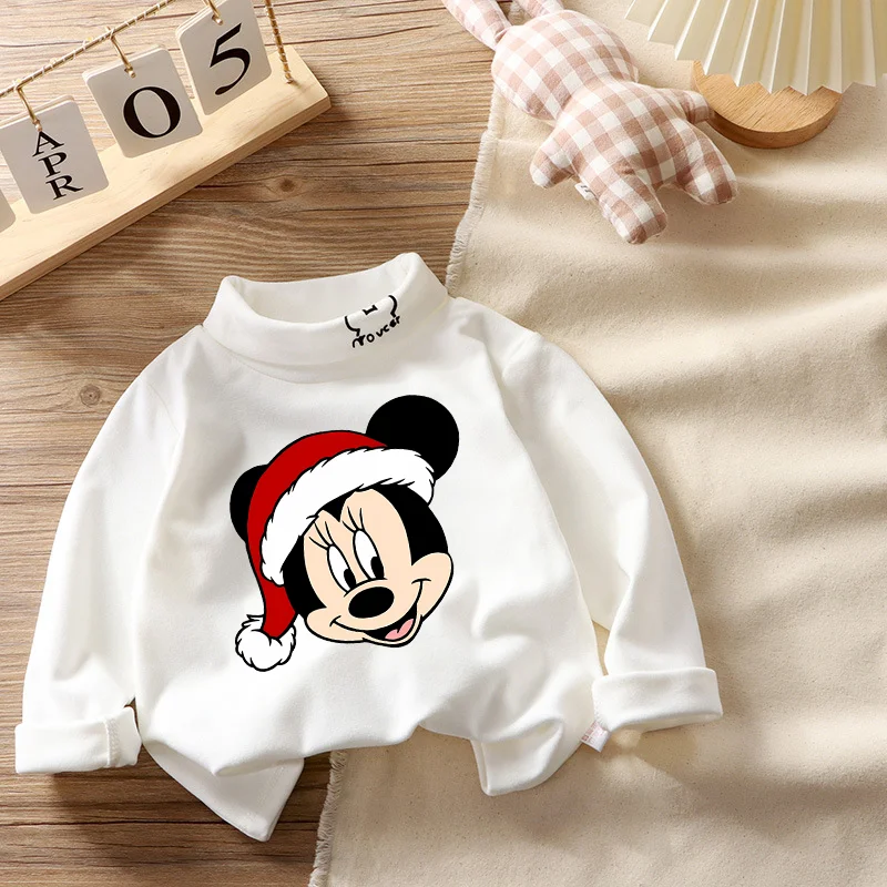 Disney Child Basic Tops Mickey Mouse Turtleneck Cotton T-Shirt Long Sleeve Shirts Slim Fit Casual Base Layer Hot Sell New Style