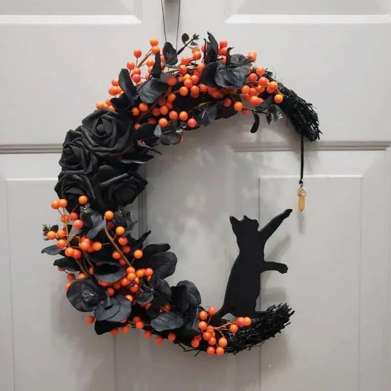 

Гирлянда на Хэллоуин в виде Луны и кота с розовыми черными украшениями, гирлянда на Хэллоуин, венок на Хэллоуин для входной двери, украшение ...