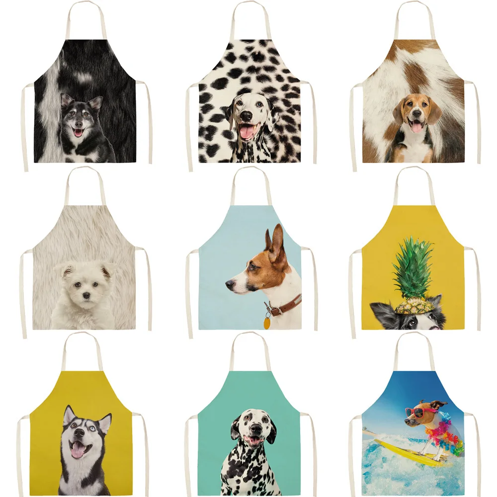 

Cartoon Dog Print Kitchen Apron Feminine Home Cleaning Accessories Linen Cooking Apron Cute Dog Apron