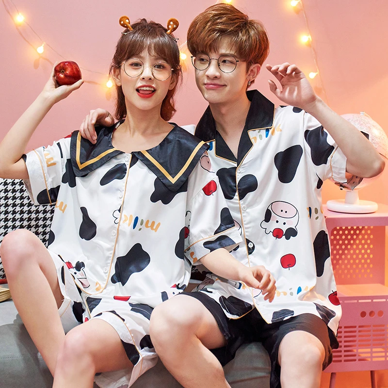 2PCS Summer Couple Women Men Pajama Sets kawaii Cow Sweethearts Sleepwear Silk Cloth Short Sleeves Pyjama Pour Femme Lovers