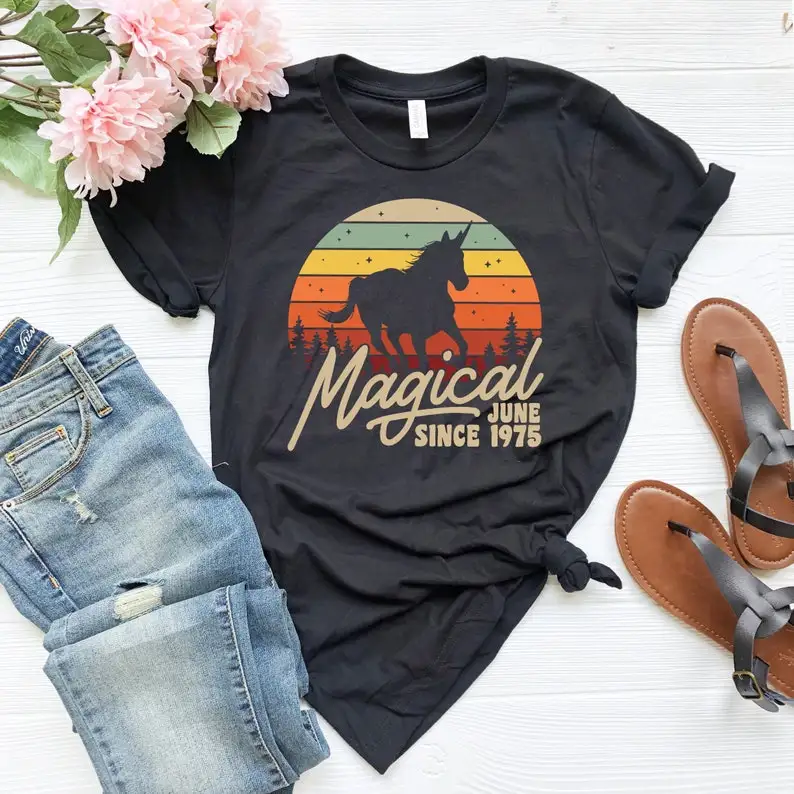 

Magical Since June 1975 Birthday Tshirt 47th Happy birthday Gift Women T-Shirt Gemini Bday Celebration T Shirt y2k top