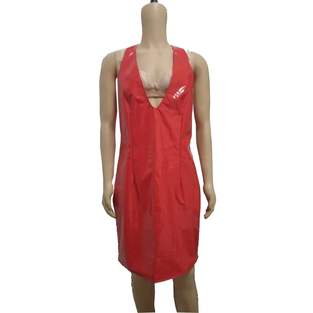 ПВХ искусственная кожа Мокрый женское сексуальное платье с глубоким v-образным