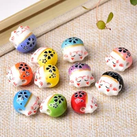 10pcs cross hole fortune cat raise claws 14mm ceramic porcelain loose beads for jewelry making diy crafts findings