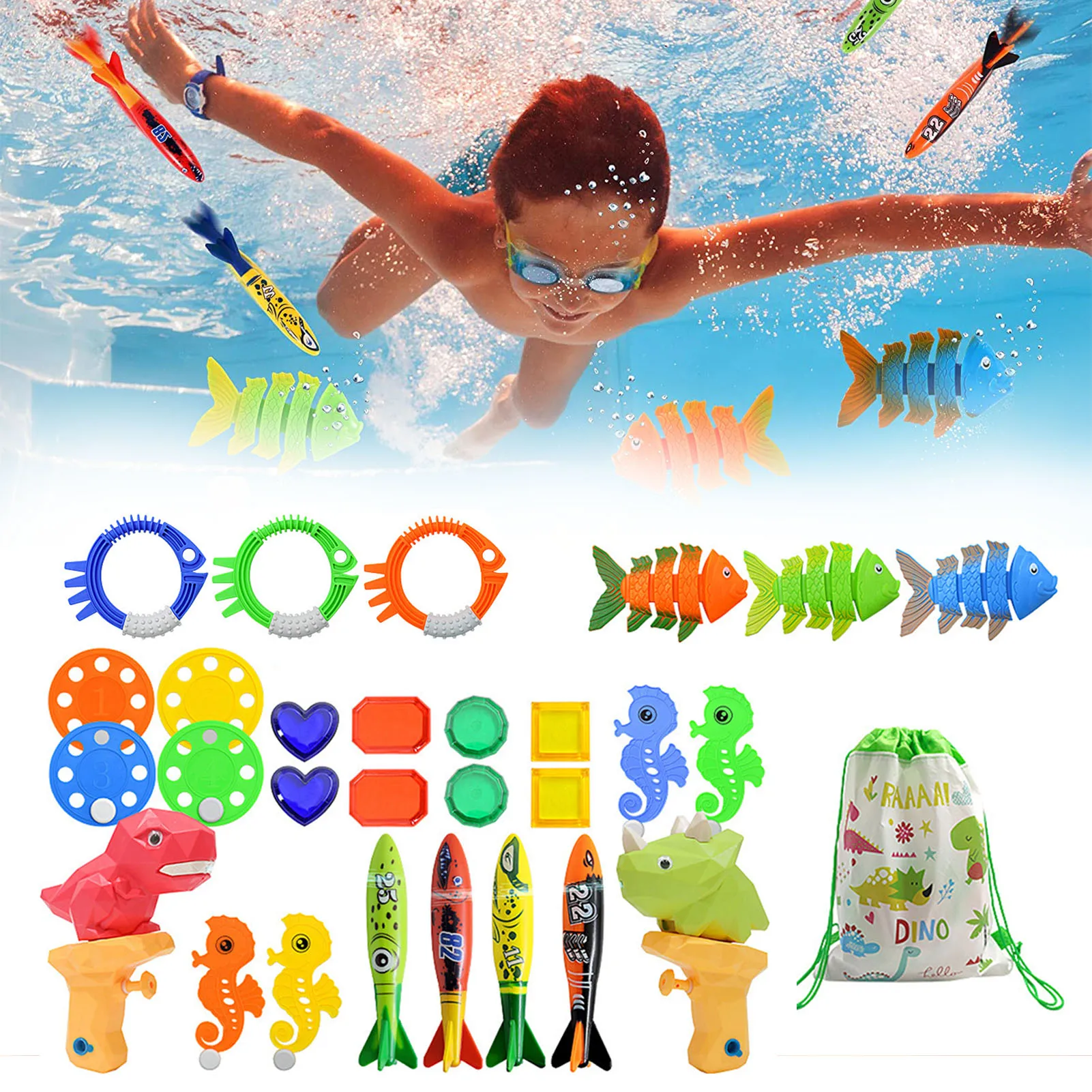 

Игрушки для дайвинга для летнего бассейна, 28 шт., набор игрушек для дайвинга с сумкой для переноски, детские игрушки для дайвинга, забавные и...