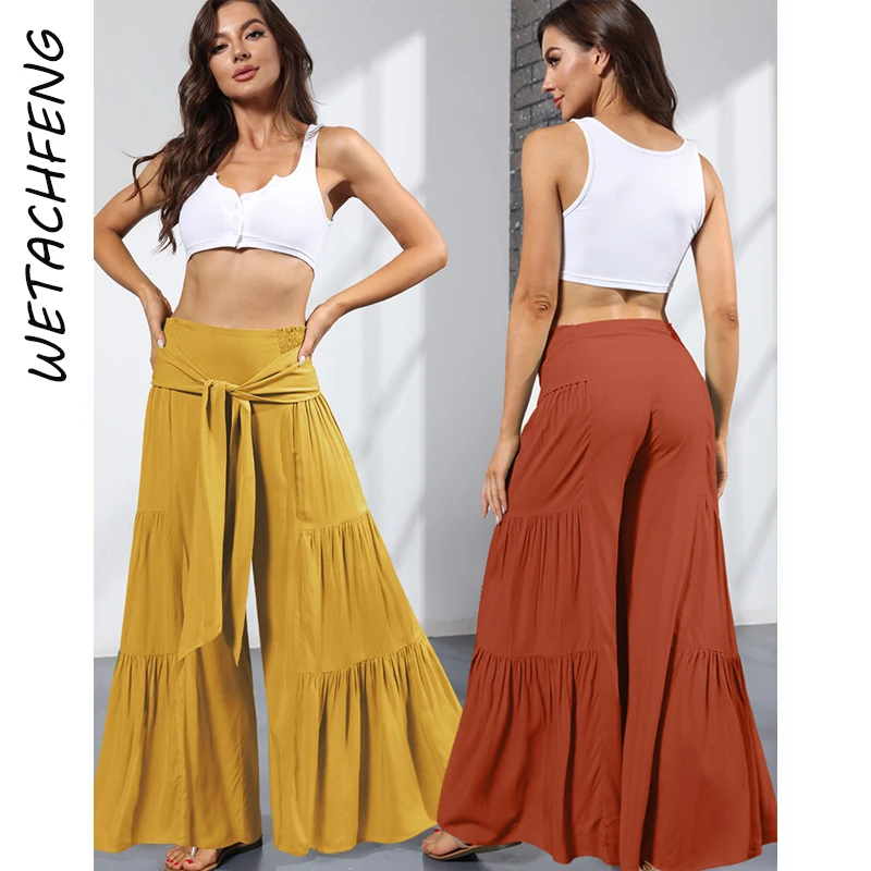 

2022 Fashion Folds Loose Wide Leg Pants Solid Lace Up High Waist Trousers Women Oversized Pleated Beach Boho Dance Long Pants