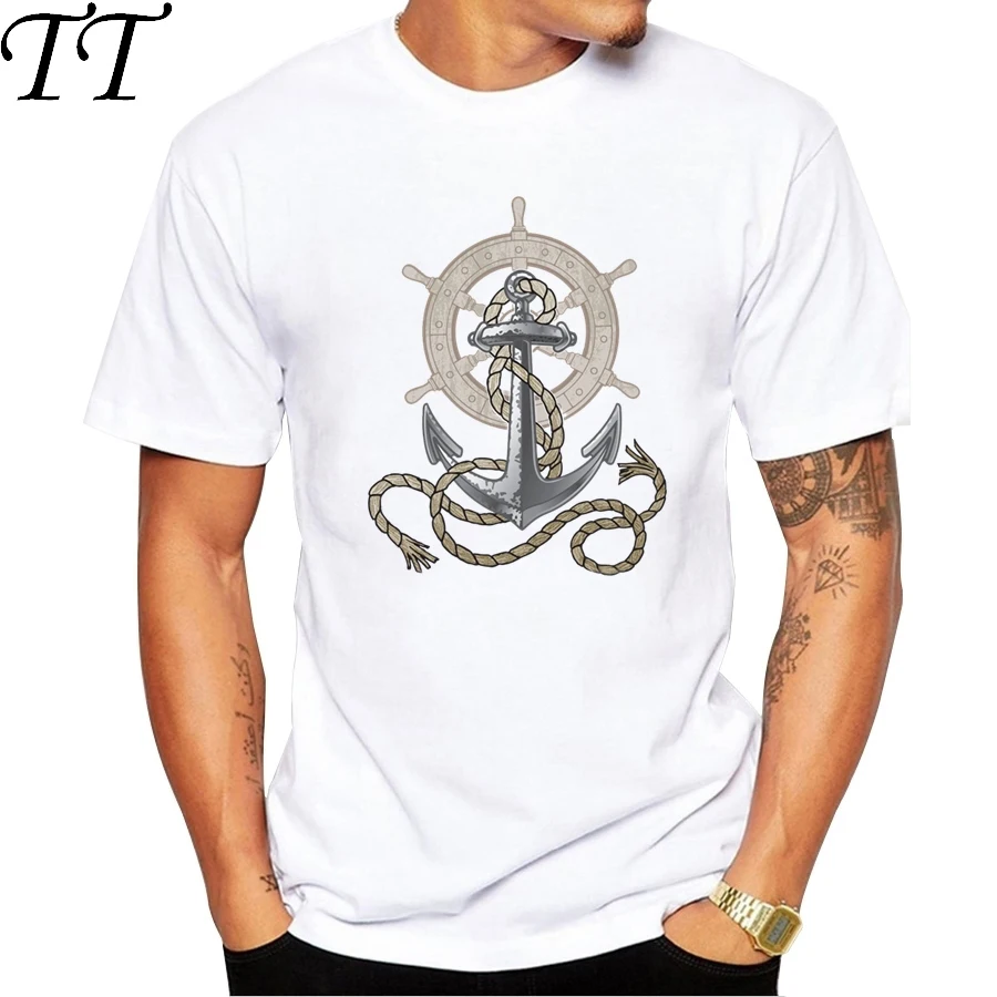 

2019 Fashion Summer Mens Hipster O-Neck Short Sleeve Sail Anchor Nautical Graphic Printed T Shirt Cool Tee Tops gt032