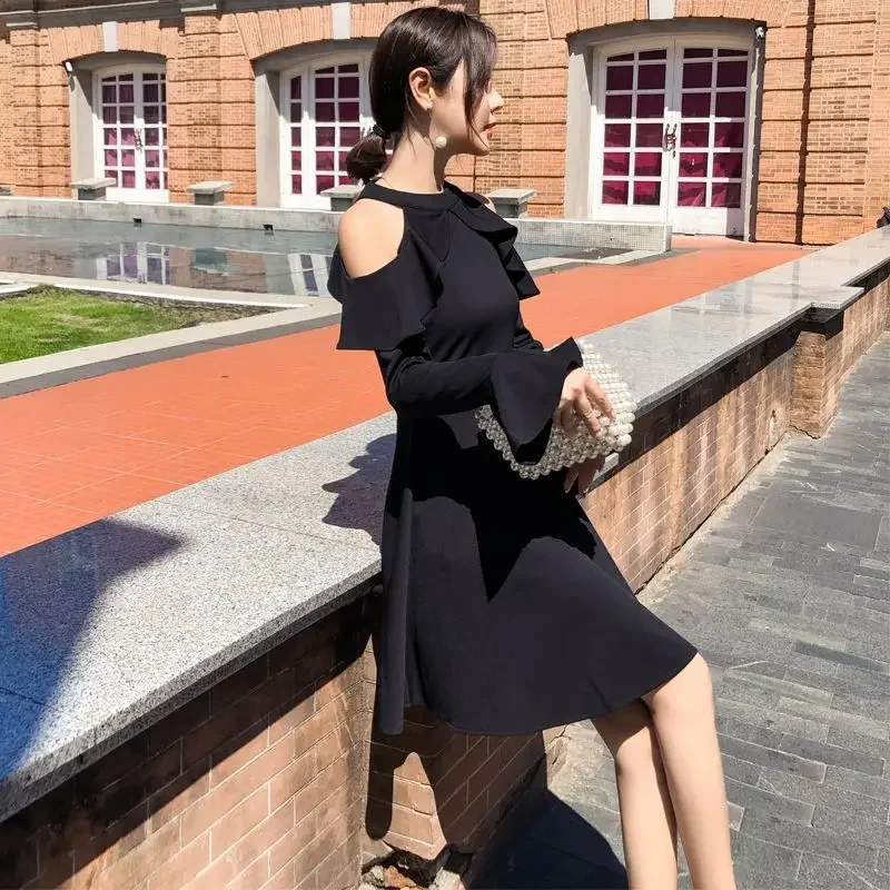 Модные женские платья с длинным рукавом черное чувственное Сексуальное Женское